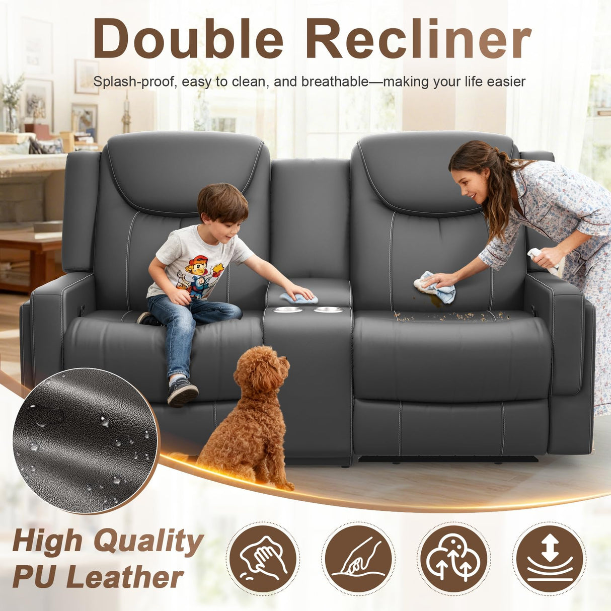 Dresegmt Loveseat Recliner Sofa, Gray PU Leather Double Recliner Loveseat with Console, Cup Holders, Storage & USB Ports, Ergonomics, Manual Reclining Sofa Couch for Living Room, RV Dresegmt