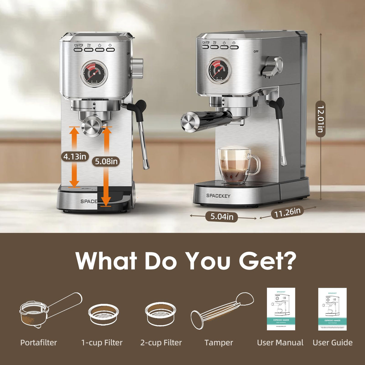 Spacekey Espresso Machine 20 Bar, Professional 1350W Espresso Maker with Milk Frother, Compact Stainless Steel Cappuccino & Latte & Americano Maker with 39oz Removable Water Tank, Silver Spacekey