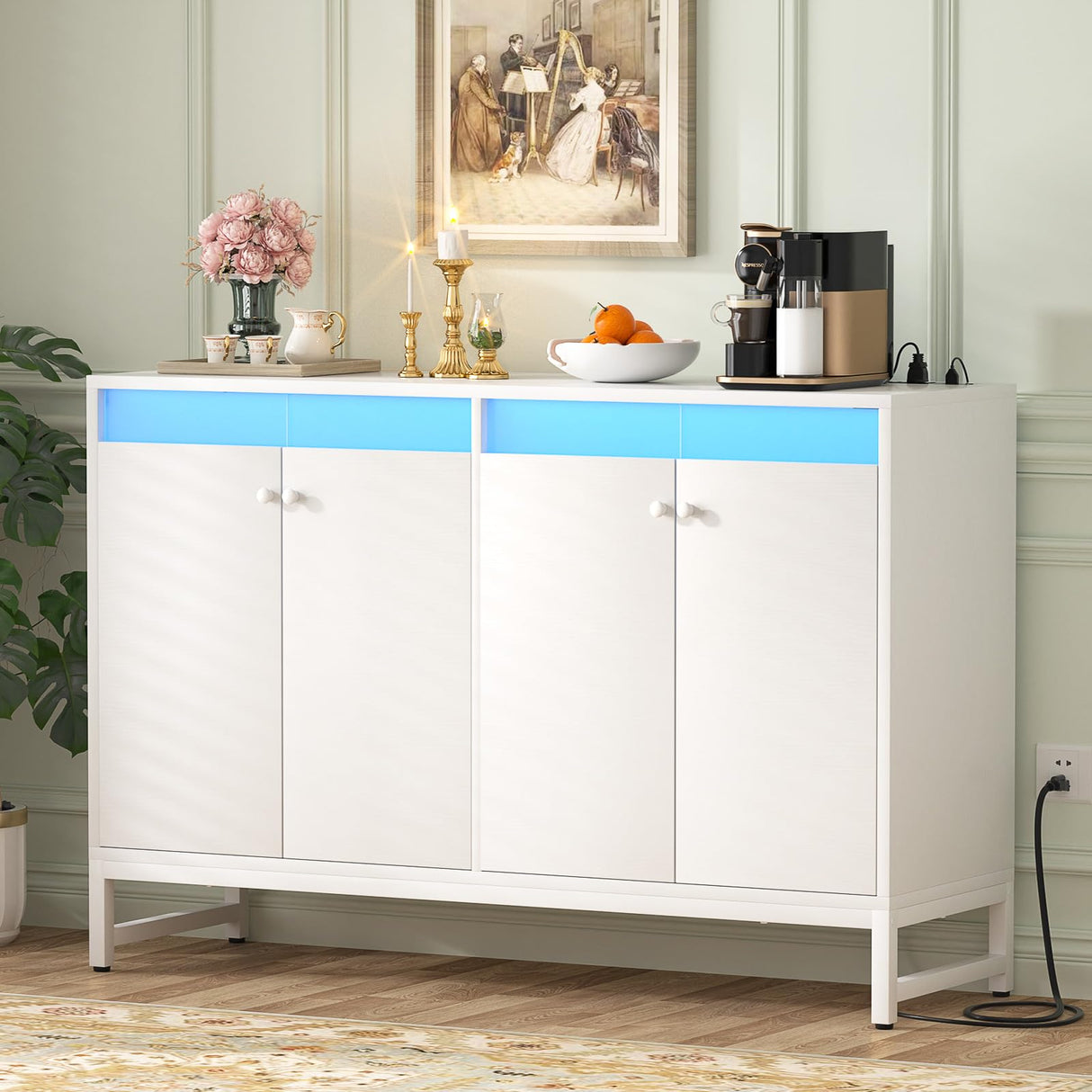 Aheaplus Sideboard Buffet Cabinet with Power Outlet, Kitchen Storage Cabinet with LED Light & Doors, Accent Cabinet Cupboard Buffet Table with Storage for Dining Room, Living Room, Hallway, White Aheaplus