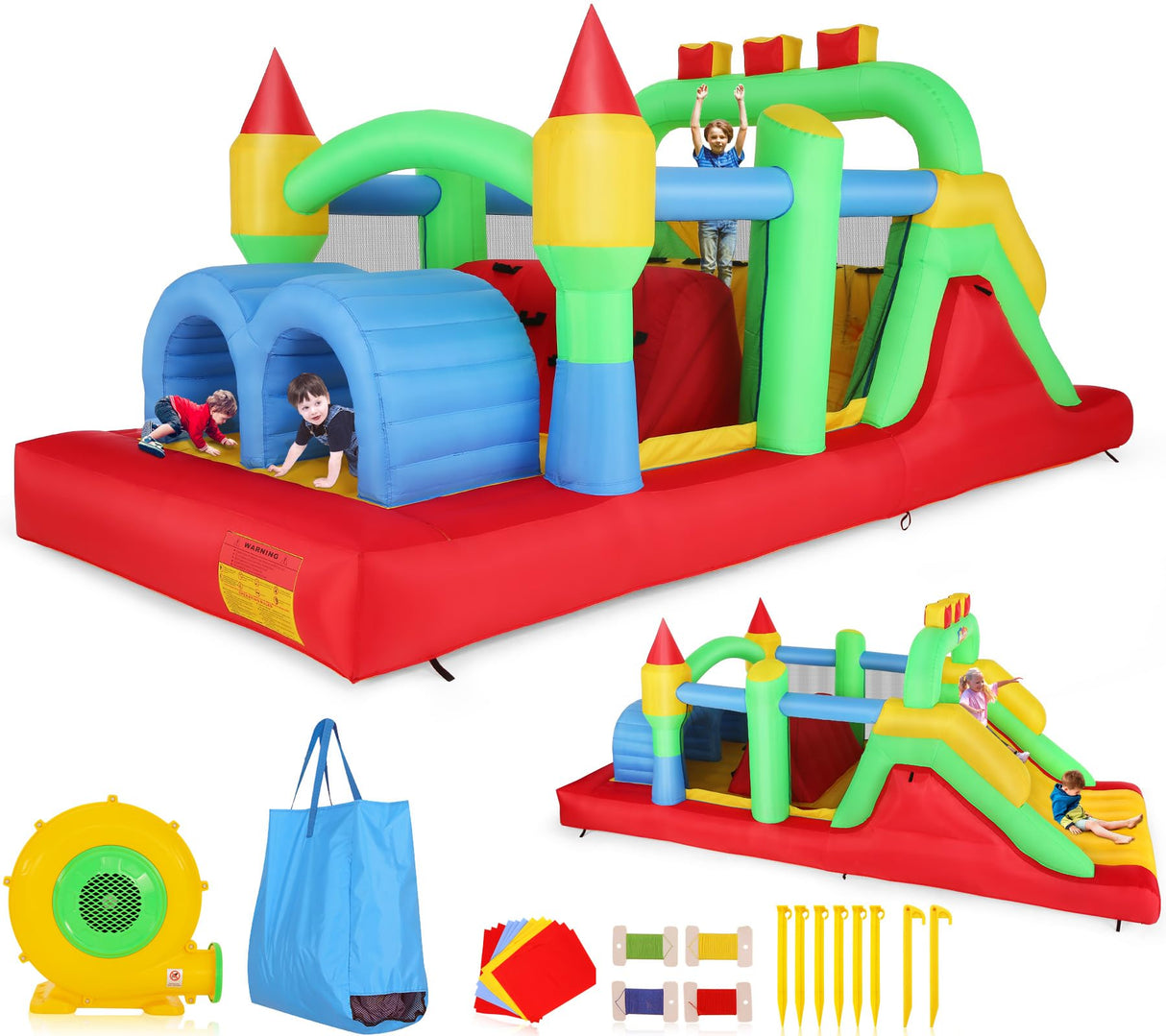 Whubefy Bounce House for Big Kids 8-12, 18 x 8.2FT Kids 3-6 Inflatable Obstacle Course w/Dual Tunnels, Large Slide, Climbing, Obstacles and Bounce Area Castle for Birthday Party, Fun Racing Game Whubefy