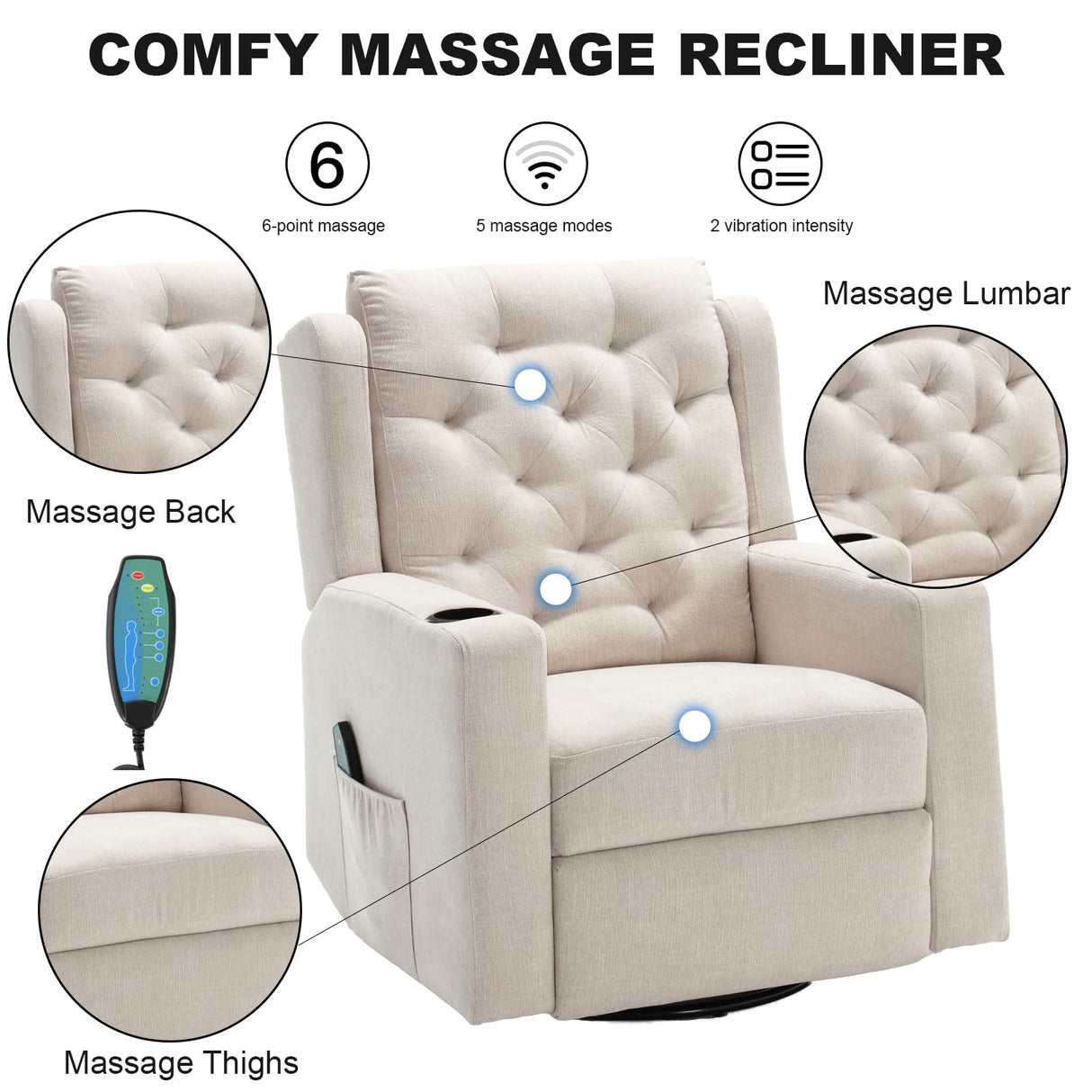 Comermax Oversized Massage Recliner Chair Swivel Rocker Recliner for Adult, Wide Seat Fabric Reclining Chair, Manual Recliner Chair with Cup Holder, Glider Rocking Chair for Nursery, Beige Comermax