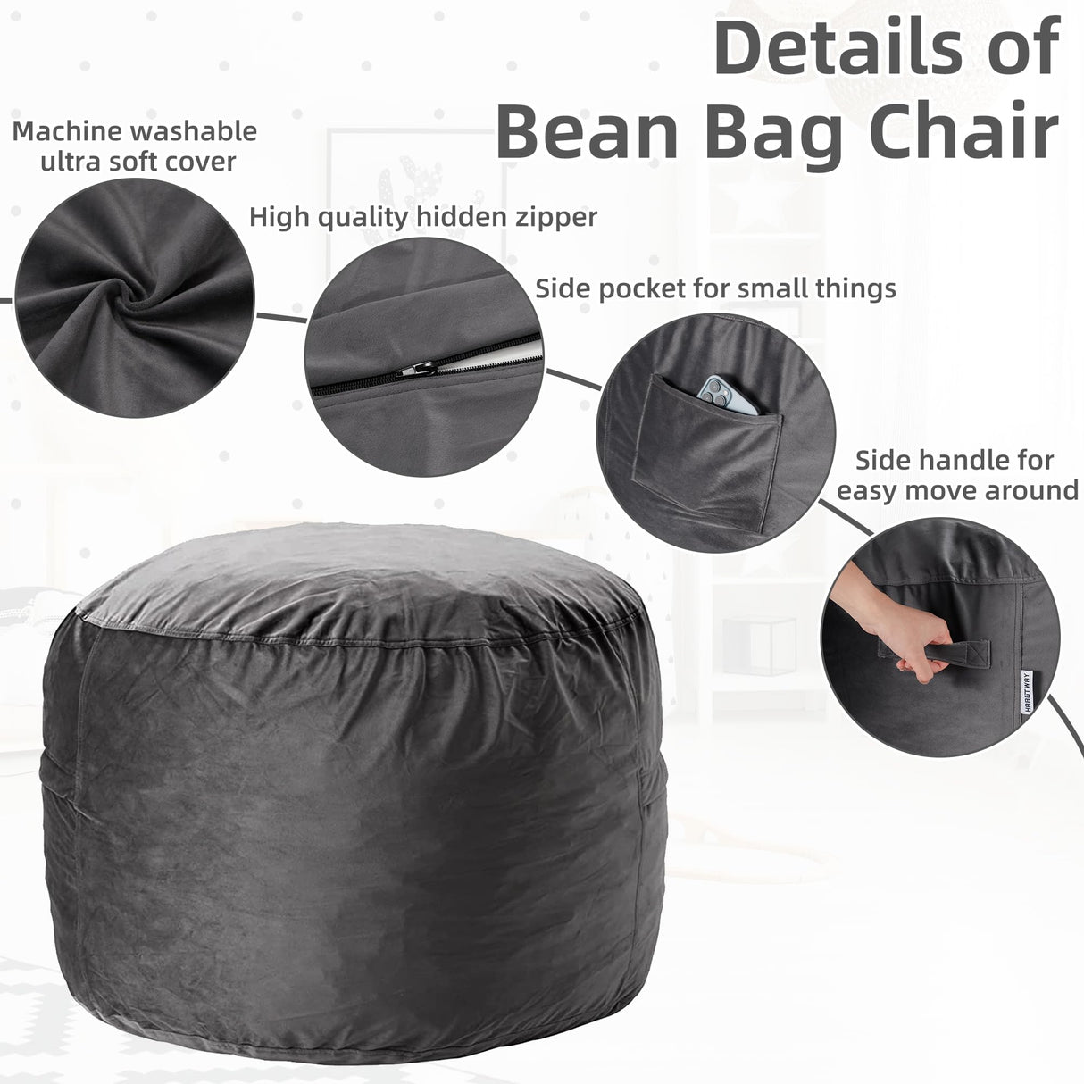 HABUTWAY Bean Bag Chair 3Ft Luxurious Velvet Ultra Soft Fur with High Rebound Memory Foam Bean Bag Chairs for Adults Plush Lazy Sofa with Fluffy Removable Sponge 3' (Grey) HABUTWAY