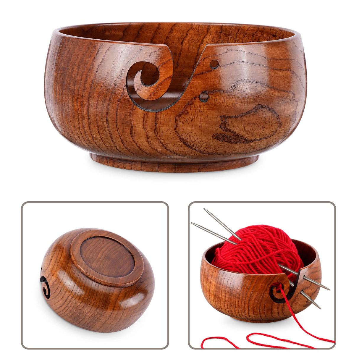 Wooden Yarn Bowl, Knitting Yarn Bowl with Holes Storage Handmade to Prevent Slipping, Perfect Yarn Bowl for Crocheting and Knitting Mothers Day Gift 6" x 3" Little World