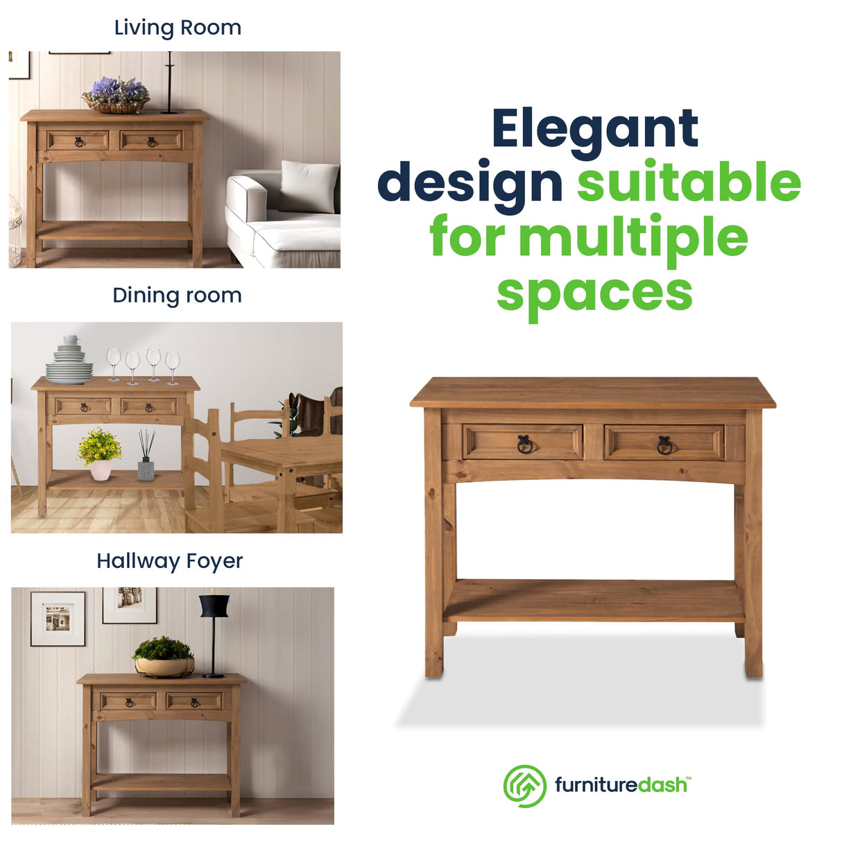 Furniture Dash Solid Wood Console Table Corona with 2 Drawers 34.49" W, 12.64" D, 28.82" H - Farmhouse Entryway Table with Storage Shelf, Tables for Living Room, Hallway Foyer for Office & Bedroom Furniture Dash