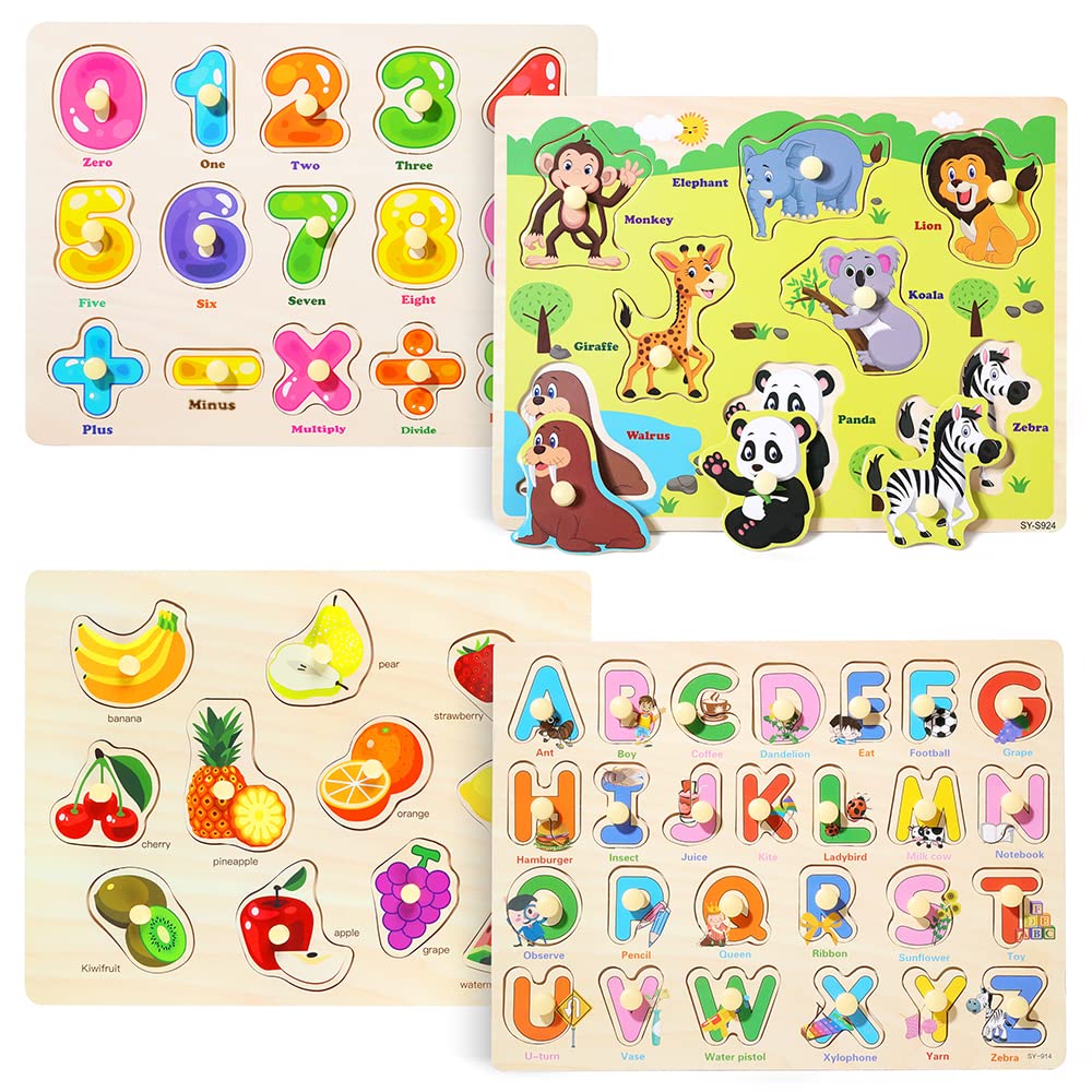 GRINNNIE Wooden Peg Puzzle for Toddlers 2 3 4 Years Old, 4 PCS Montessori Educational Learning Puzzles Set-Numbers, Letters, Animals and Fruits, Great Preschool Gifts for Girls and Boys GR GRINNNIE
