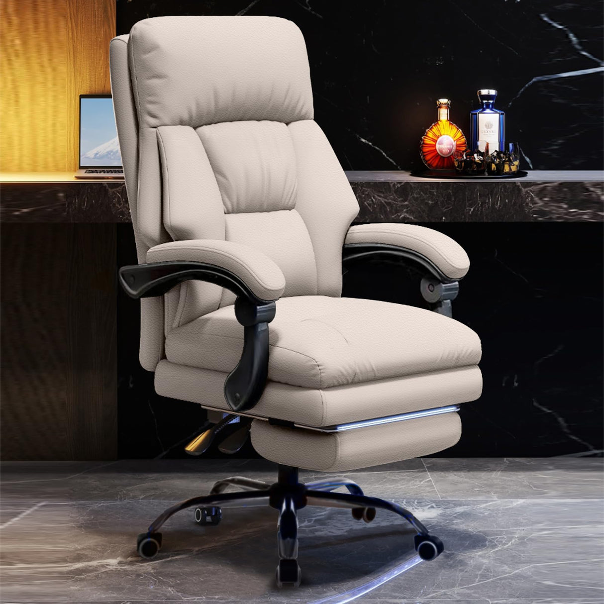HDHNBA Executive Office Chair Comfortable Desk Chairs with Foot Rest High Back Computer Gaming Chairs Reclining PU Leather Work Chair for Home Office, Beige HDHNBA