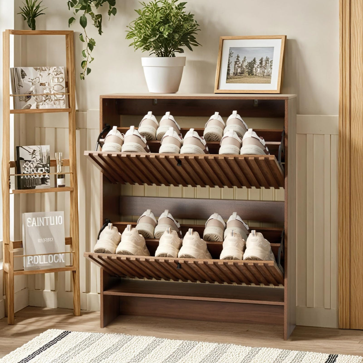 BVXBVX 31.5''W Walnut Shoe Storage Cabinet for Entryway with 2 Flip Drawers, Fluted Slim Shoe Cabinet, Free Standing Wooden Shoes Organizer for Foyer, Hallway BVXBVX