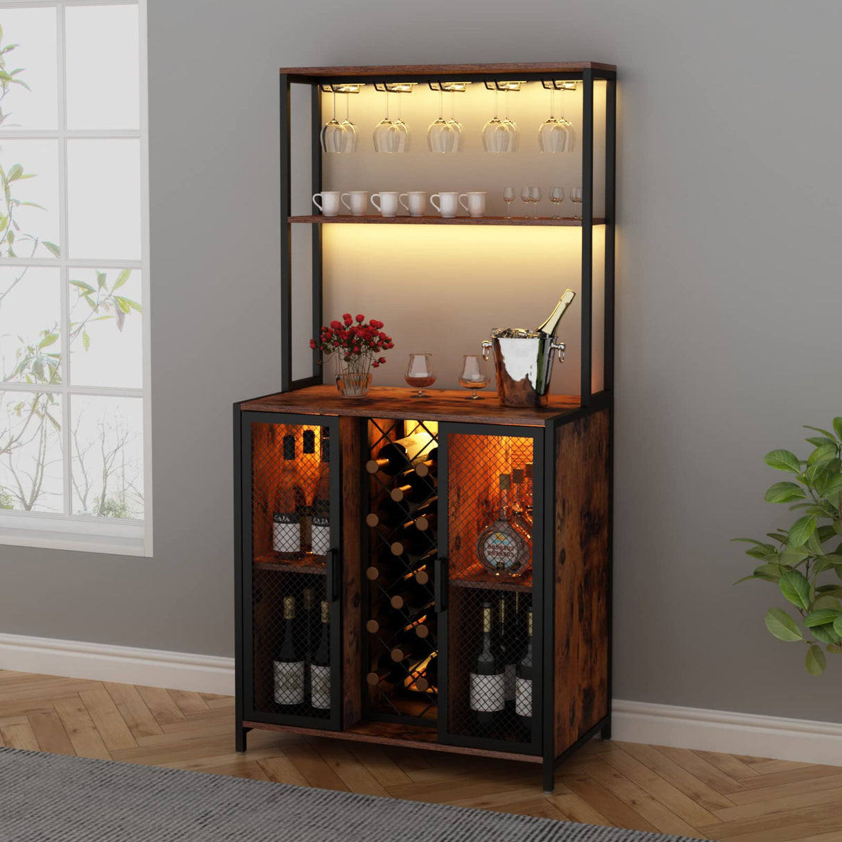 Loomie 5-Tier Rustic Wine Bar Cabinet with LED Lights & Adjustable Shelves Loomie