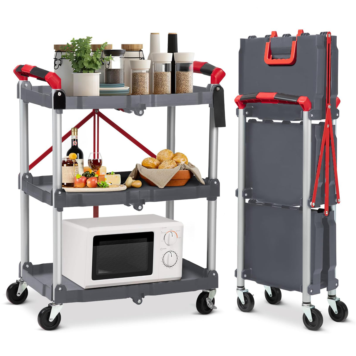 Collapsible Portable Folding Service Cart, 3-Tier Folding Utility Cart with Load Capacity of 165 Lbs Total, Foldable Utility Service Cart with Lockable Wheels for Office, Warehouse, Home Use (Grey) TROPOW