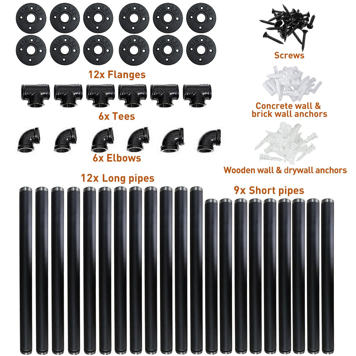 HITOMEN Industrial Iron Pipe Shelves, 3 Set 4-Tier 41.5" Tall 12" Depth, DIY Open Bookshelf Bookcase, Wall Mounted Vintage Retro Shelving, Rustic Farmhouse Pantry Kitchen Storage, Black Shelf Brackets HITOMEN