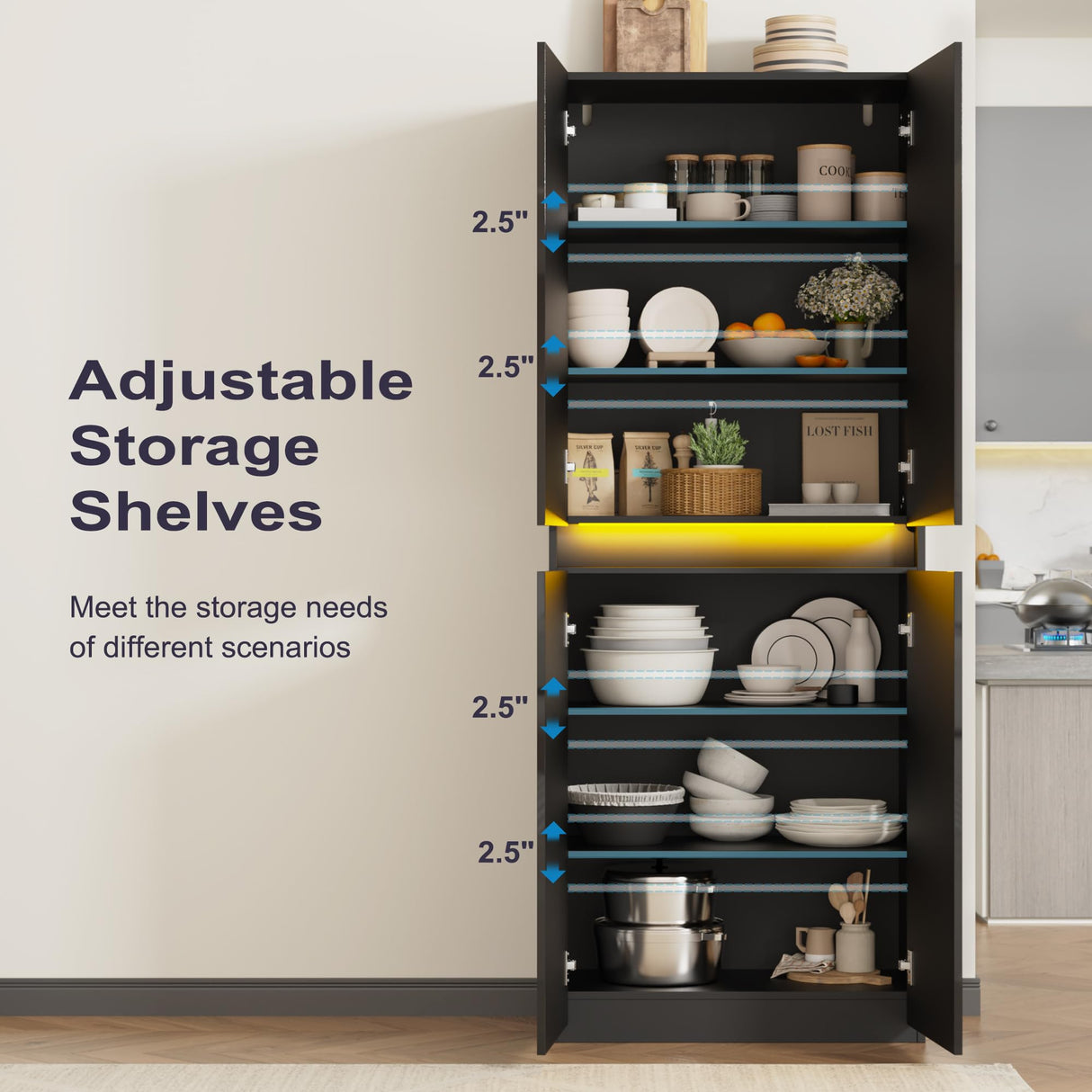 Furnify 71" Tall Pantry Storage Cabinet, Kitchen Pantry with High Gloss Doors, Modern Buffet Hutch Cabinet with Led Light and Adjustable Shelves for Dining Room, Living Room, Black Furnify