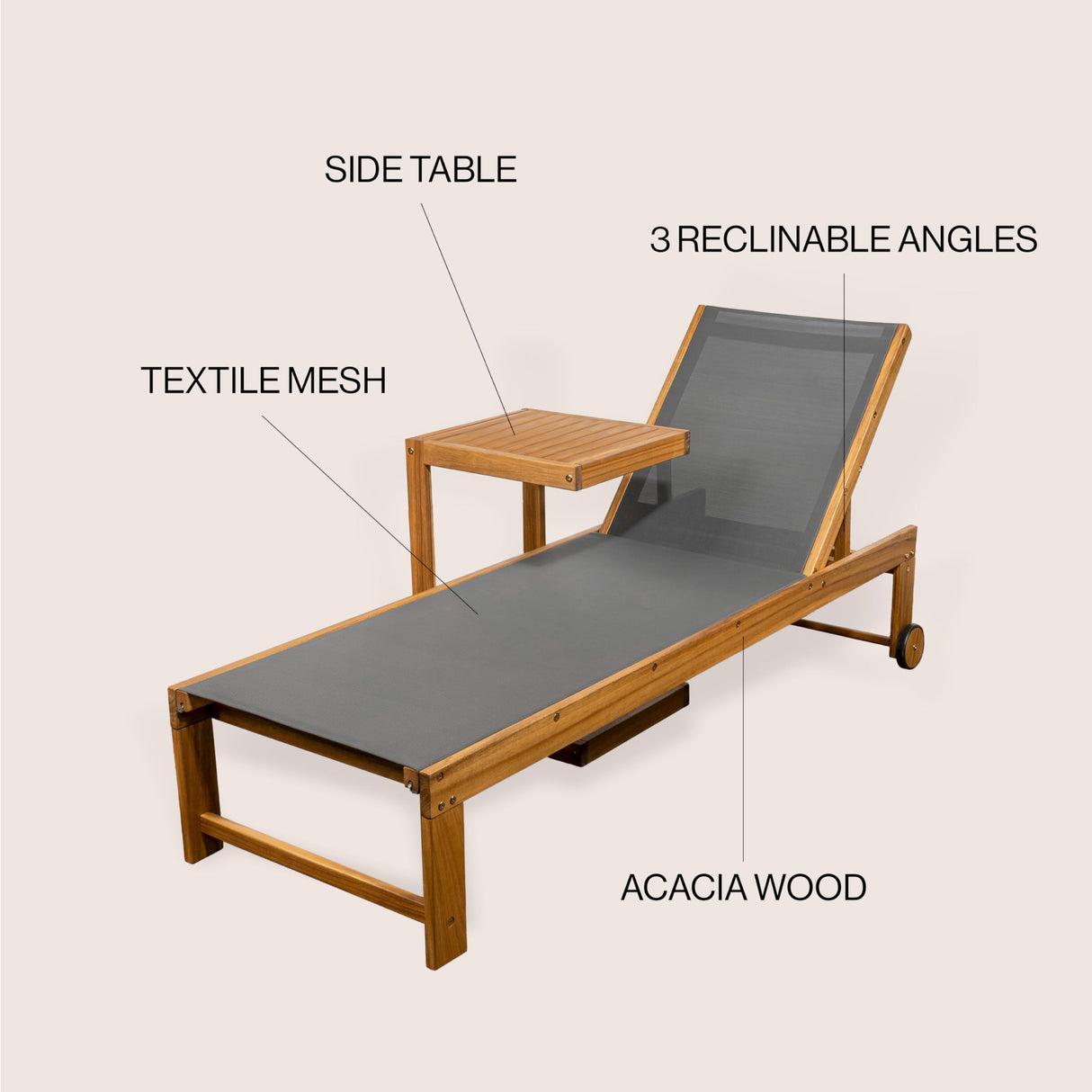 JONATHAN Y LNG1100A-2SET Trabuco Coastal Modern Acacia Wood Mesh 3-Position Outdoor Chaise Lounge Set with Side Table Transitional, Classic, Minimalist, Traditional, Contemporary, Dark Gray/Teak Brown JONATHAN Y