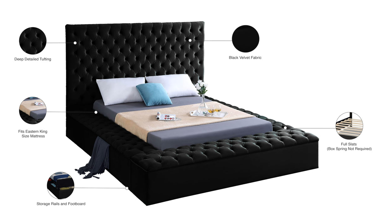 Meridian Furniture Bliss Collection Modern | Contemporary Velvet Upholstered Bed with Deep Button Tufting and Storage Compartments in Rails and Footboard, Black, King Meridian Furniture