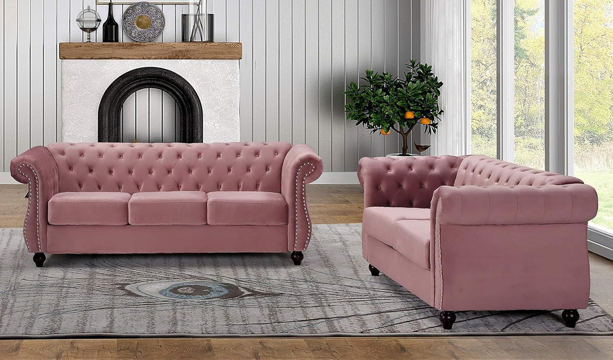 Container Furniture Direct Feinstein Modern Velvet Chesterfield Couches for Living Room with Nailheads, Diamond Tufting & Durable Metal Frame, Loveseat, Rose Container Furniture Direct