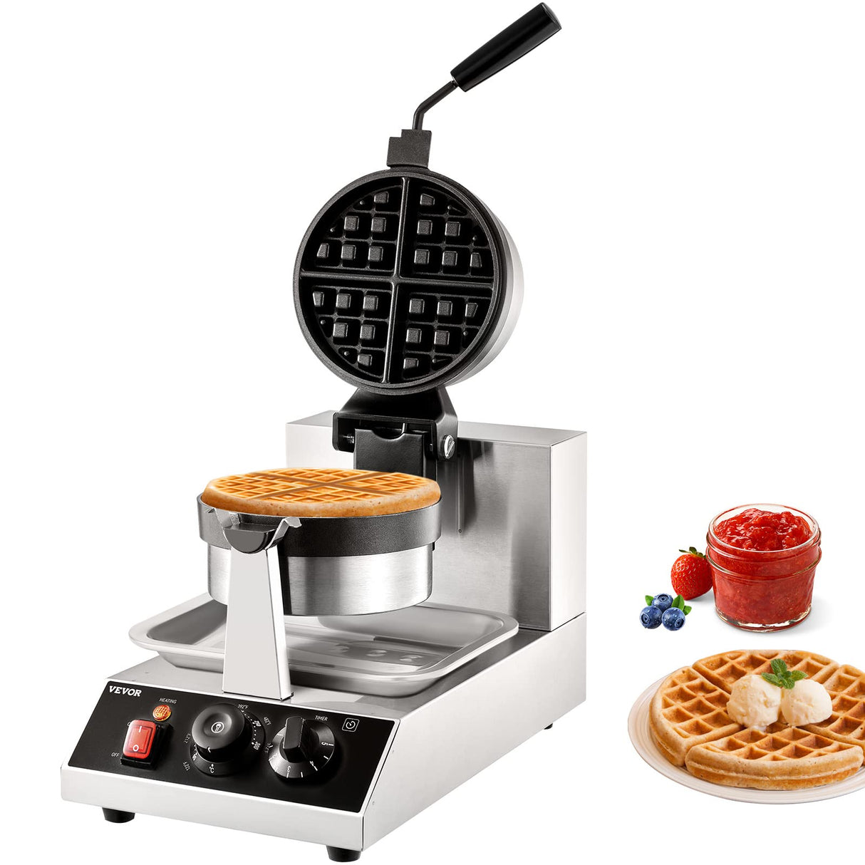 VEVOR Commercial Waffle Maker, 1300W Round Waffle Iron, Non-Stick Rotatable Waffle Baker Machine With 122-572℉ Temp Range and Time Control, Teflon-Coated Baking Pan Stainless Steel Body 120V VEVOR