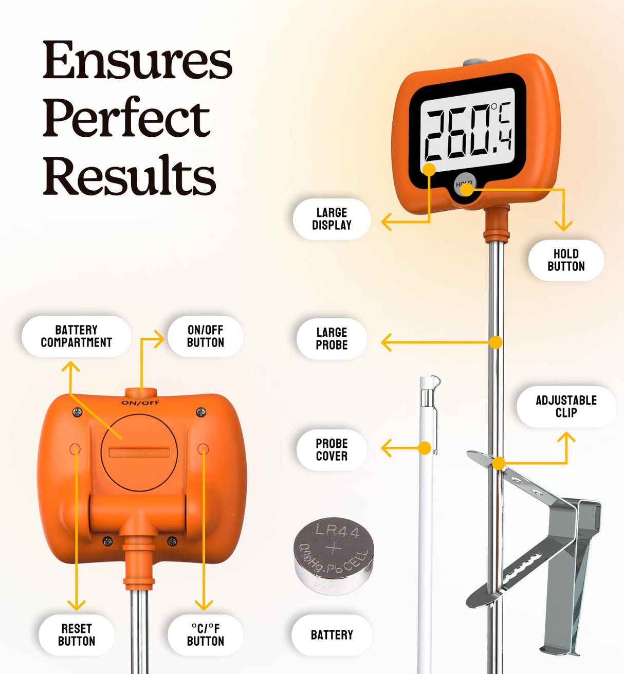 Digital Candy Thermometer with Pot Clip, Instant Read Kitchen Thermometer for Cooking, Baking, and Candy Making – 10" Stainless Steel Probe, LCD Display, Essential Baking Tool Craft911