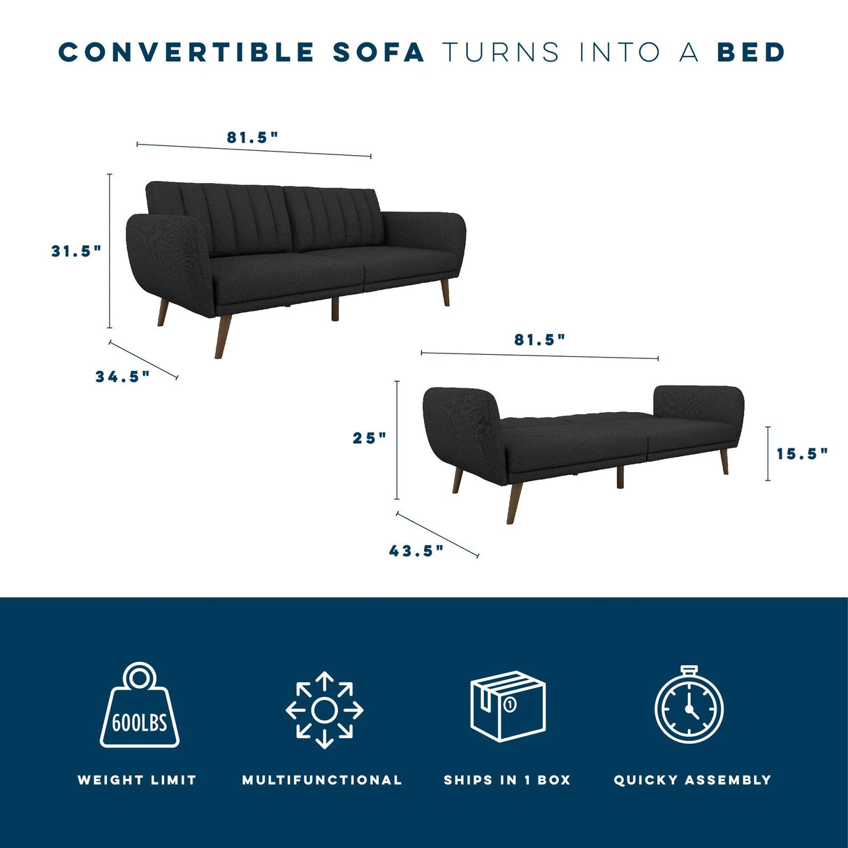 Novogratz Brittany 82 Inch Futon Sofa Bed, Upholstered Couch Sleeper with Tufted Back, Mid-Century Modern, Dark Gray Novogratz