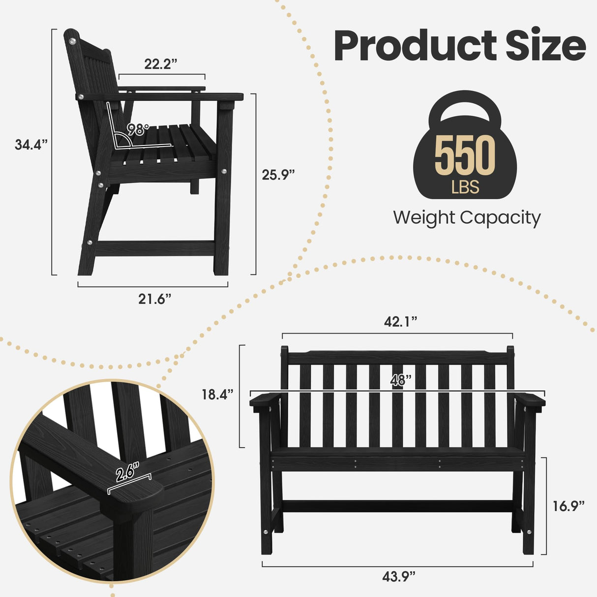 Ciokea 44" Outdoor Bench, HDPE Weatherproof Garden Bench, 2-Person Porch Benches with 550 Lbs, Waterproof Patio Benches for Outside Balcony Deck Backyard, Black Ciokea