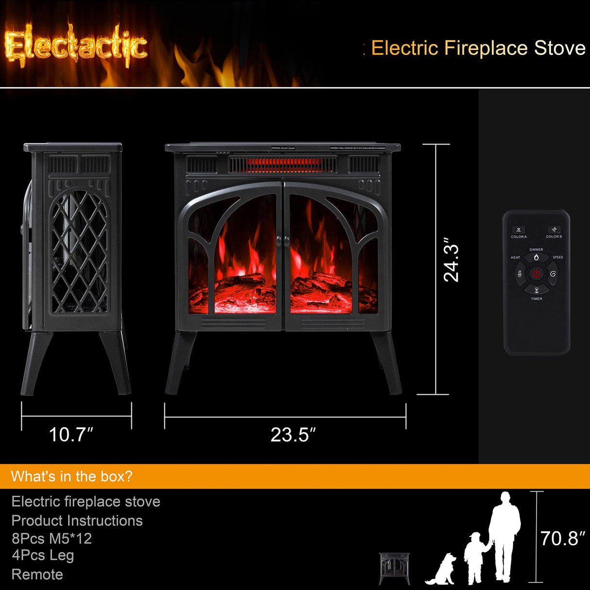 Electactic 24Inch Electric Fireplace Stove, Free-Standing Infrared Fireplace Stove, Controllable 3D Flame, 4 Variable Flame&Log Colors, 1500w, 5100BTU, (S230B-GREY), Grey Metal Electactic