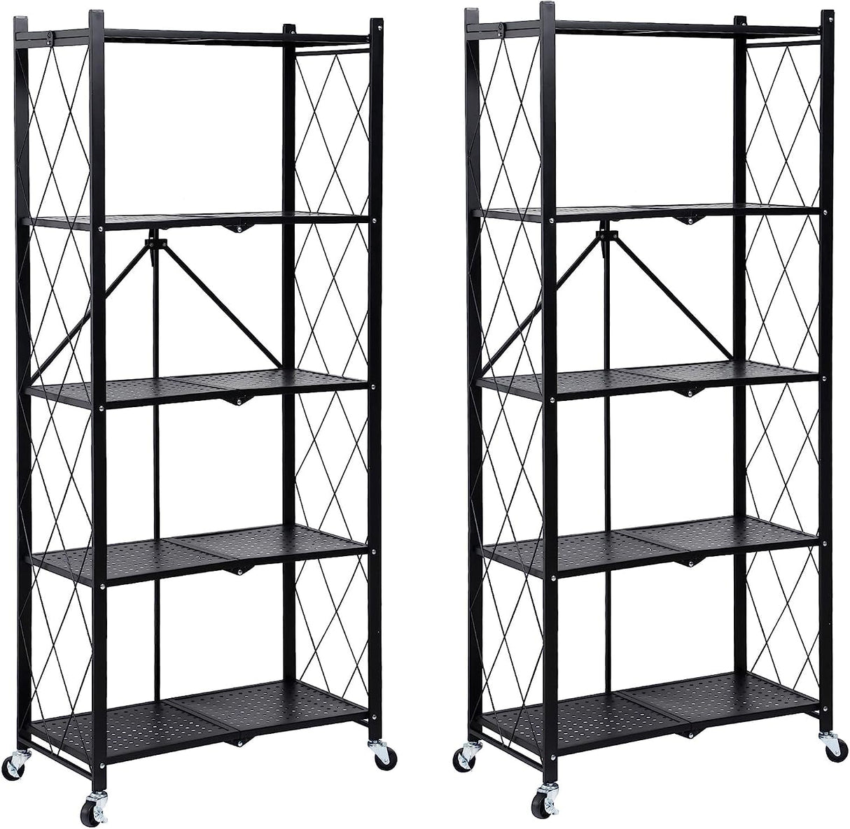 HealSmart Heavy Duty 5-Tier Foldable Metal Rack, 27.95" D x 14.96" W x 63.78" H Storage Shelving Unit 1250 lbs with Wheels Moving Organizer Shelves for Garage Kitchen, Black, 2 Pack HealSmart