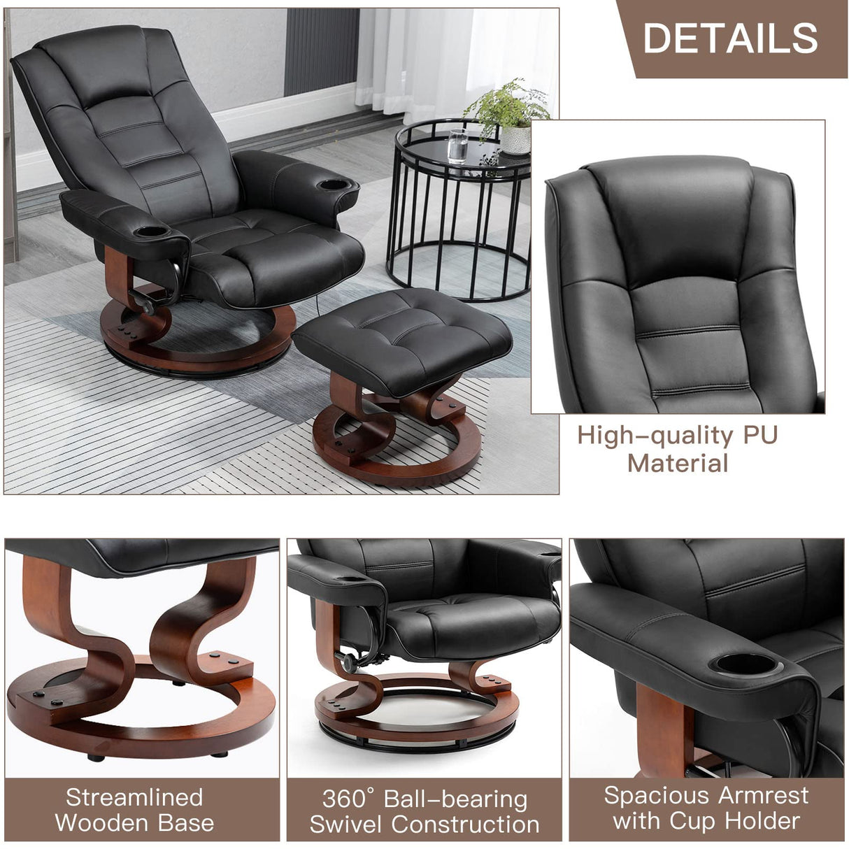 AVAWING Recliner with Ottoman, Wood Base & Adjustable Back, Faux Leather Swivel Reclining Chair with Footrest for Living Room and Bedroom, Black AVAWING