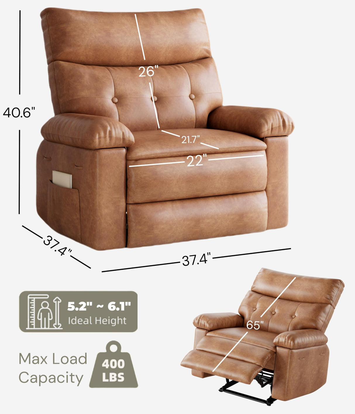 GarveeHome Oversized Recliner Chair - Faux PU Leather Large Manual Recliner for Adults, Exceptional Comfort Lazy Chair with 1.5X Sponge Filling and Easy Recline Mechanism for Relaxation GarveeHome