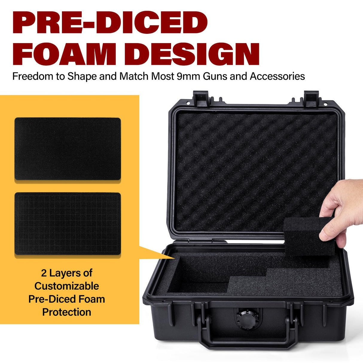 MewVeer Pistol Case for Handgun, Hard Gun Cases, TSA-Approved Waterproof & Shockproof Travel Pistols Box with Pre-Diced Foam for 9mm Gun and Accessories MewVeer