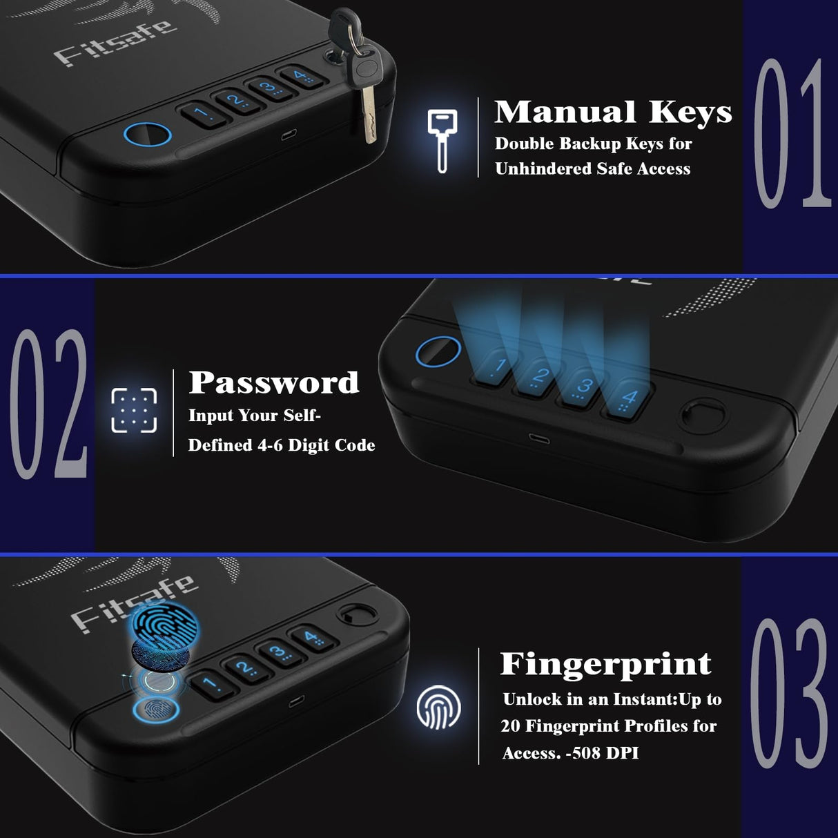 Fitsafe Biometric Gun Safe Travel Case, Portable Small Pistol Safe, Quick Access Smart Fingerprint Handgun Safe with Keys, Keypad for Nightstand Beside Home Fitsafe