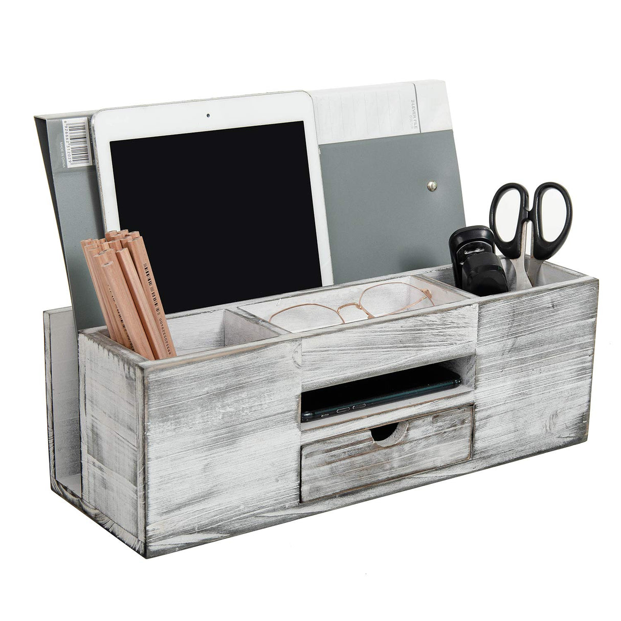 Liry Products Whitewashed Wooden Desktop Organizer Multiple Compartments Rack Shelf Drawer Tabletop Wood Storage Cabinet Office Supplies Caddy Document Stationery Holder Accessory Sorter Vanity Home ExoLiry