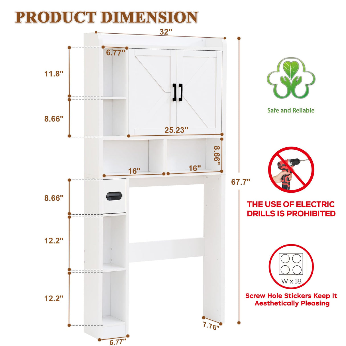 Viroformo Over The Toilet Storage Cabinet, 32 Inches Width Farmhouse Storage Cabinet Over Toilet with 2 Barn Door, Toilet Paper Holder Stand, Toilet Rack for Bathroom, Laundry, Restroom, White Viroformo