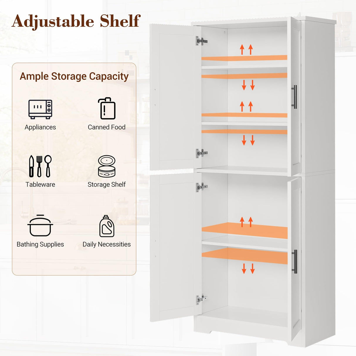 GarveeHome 70 in Tall Kitchen Pantry Cabinet, Freestanding Storage Cabinet with 4 Doors and Adjustable Shelves, Utility Hutch Cupboard for Dining Room, Bathroom, Living Room (Style A, White) GarveeHome