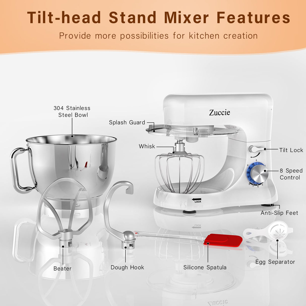 Stand Mixer, Zuccie 4.8QT Kitchen Electric Stand Mixer, 380W Motor Power Food Mixer, 8+P-Speed Dough Mixer with Dough Hook, Wire Whip & Beater, White Zuccie
