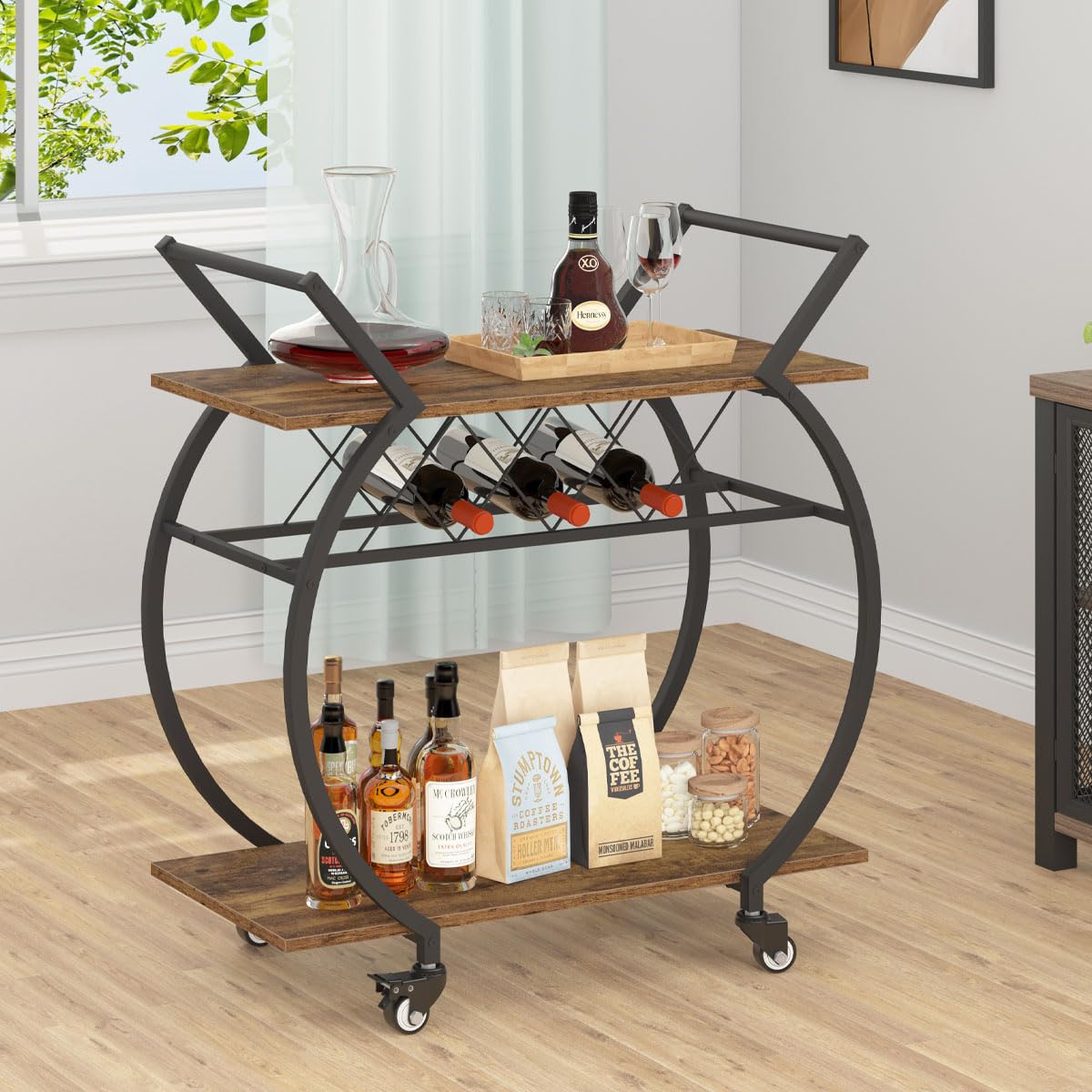 LVB Industrial Kitchen Bar Cart, Farmhouse Beverage Serving Liquor Cart with Wheels, Wood and Metal Rolling Wine Cart with Storage Shelf, Microwave Drink Cart for Home Living Dining Room, Rustic Brown LVB