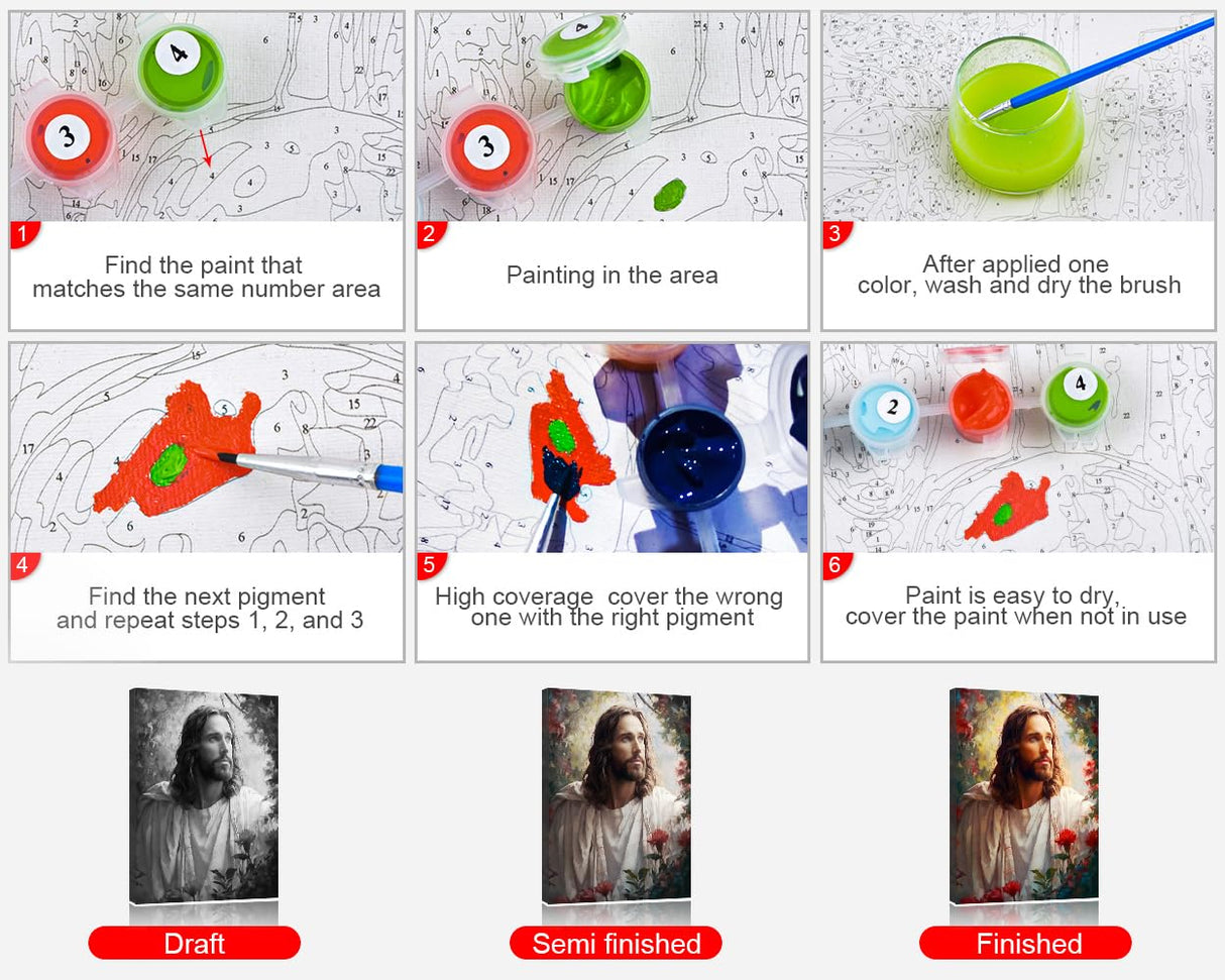 Rebotipy DIY Paint by Number for Adult, Jesus Christ Holy Cross Paint by Numbers, Flowers Adult Paint by Numbers Kits on Canvas, 16X20 Inch Jesus Paint by Numbers for Adults Beginners Flameless Rebotipy