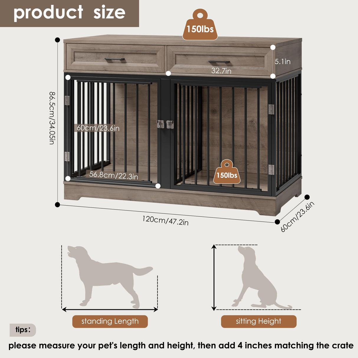 Dog Crate Furniture 47" Wooden Dog Kennels for Dogs Indoor with a Removable Divider for Large/Medium/Small Dogs, 2 Storage Drawers and Large Tabletop Dog Cages Double Doors Dog House, Rustic TTVIEW