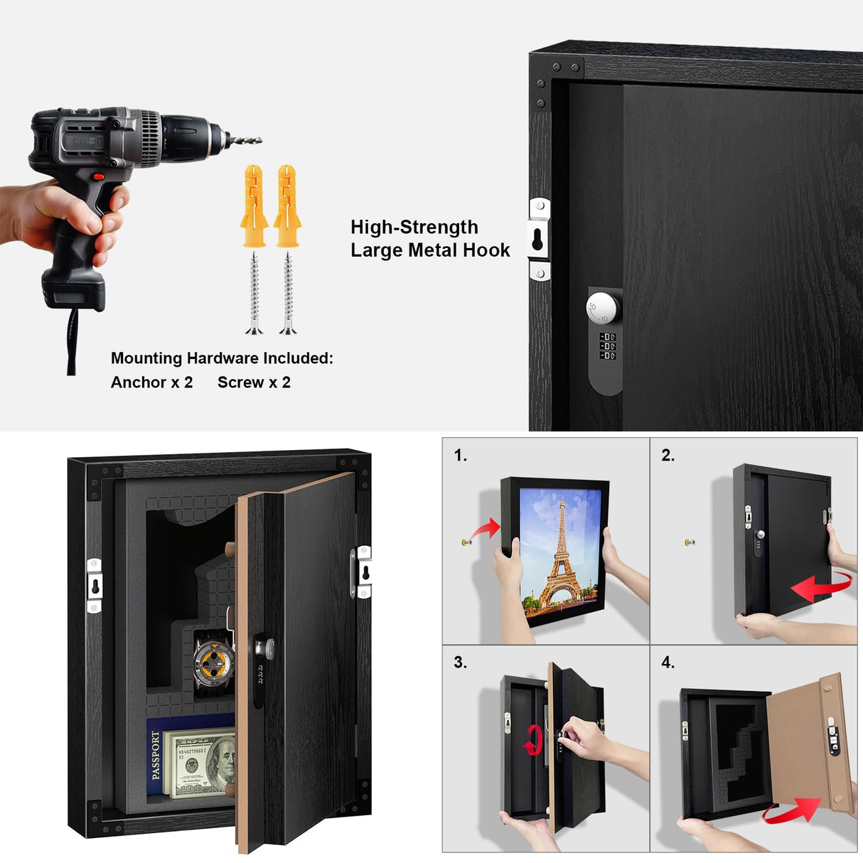 ANZAKY Hidden Safe with Lock, Wooden Picture Frame Diversion Safe, Large Hidden Money Safe with Customizable Foam, Hidden Compartment, Secret Decor Concealment Furniture, 11 x 14 inchs, Black ANZAKY
