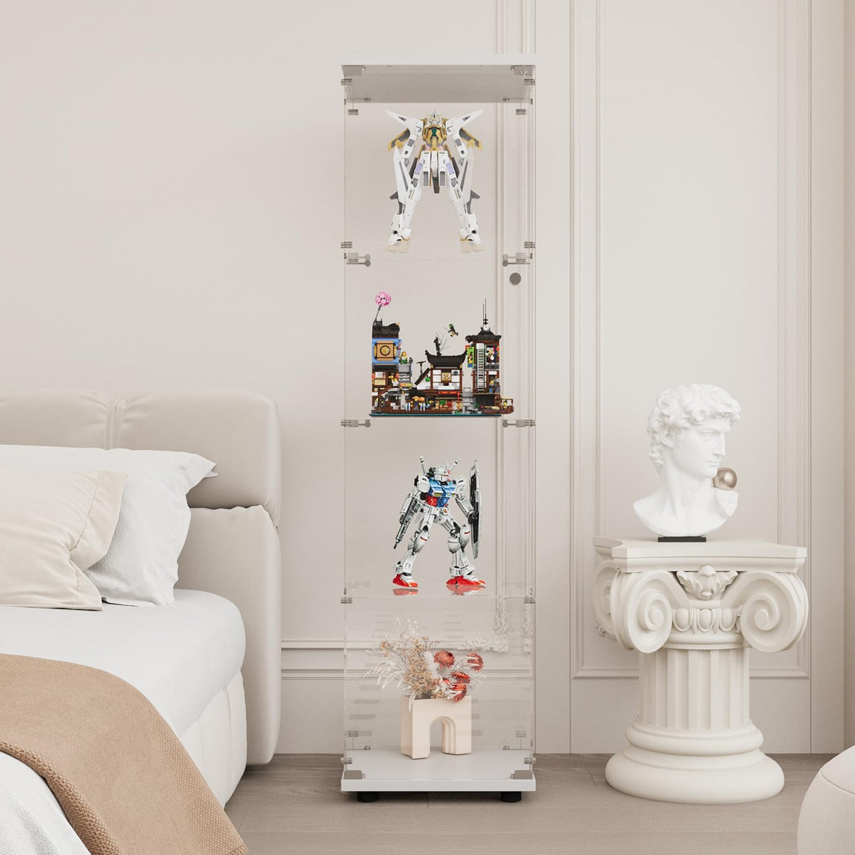 GDJAASJI Display Cabinet with Glass Door and Lock, 4-Shelf Fast Installation Curio Cabinets with 5mm Tempered Glass Floor Standing Bookshelf for Bedroom, Living Room (64" Hx 16.7" W x 14.3" D, White) GDJAASJI