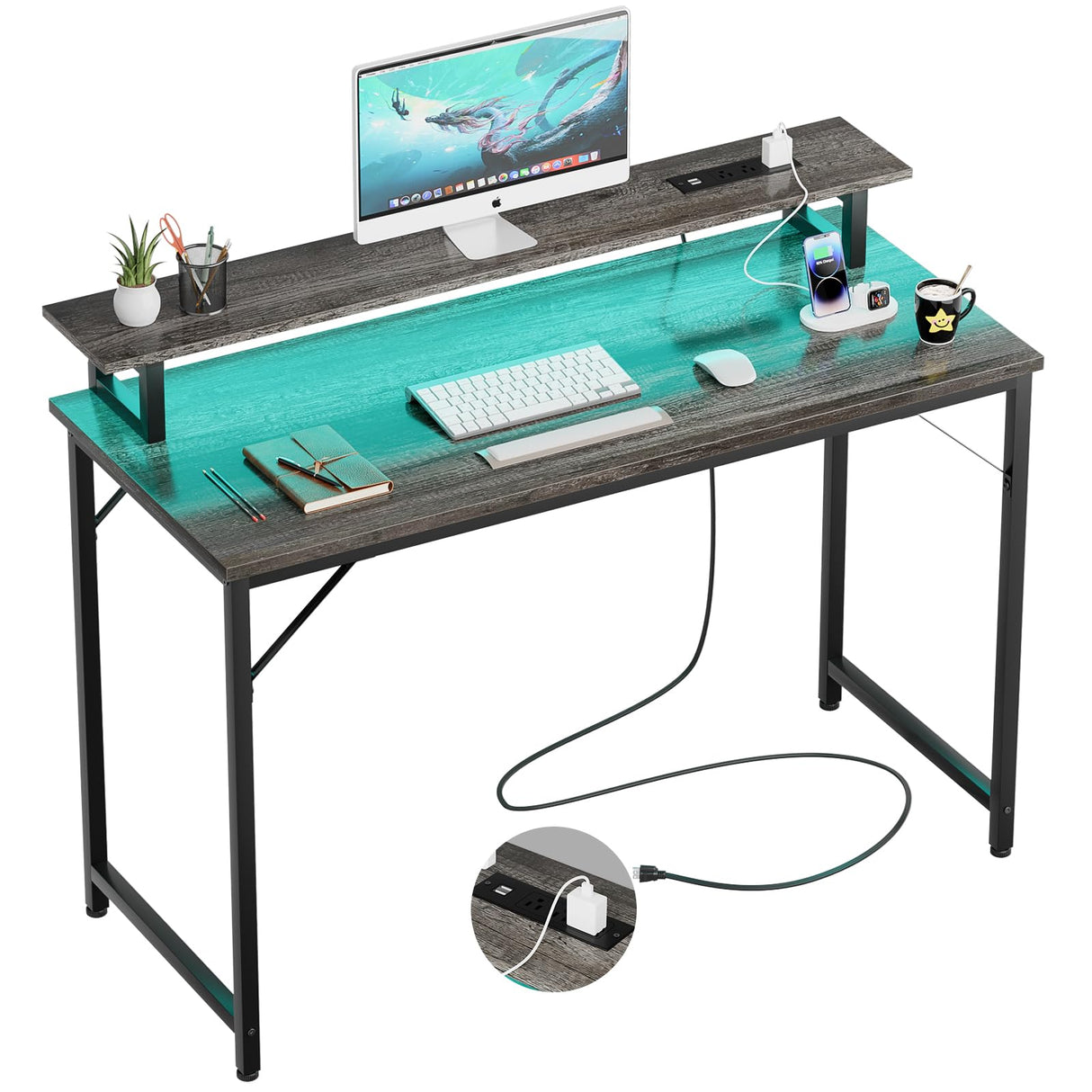 iSunirm 47 inch Computer Desk with Power Outlets, Gaming Desk with LED Lights, Home Office Work Desk with Monitor Shelf, Modern Office Desk Study Writing Table for Small Spaces, Black Oak iSunirm