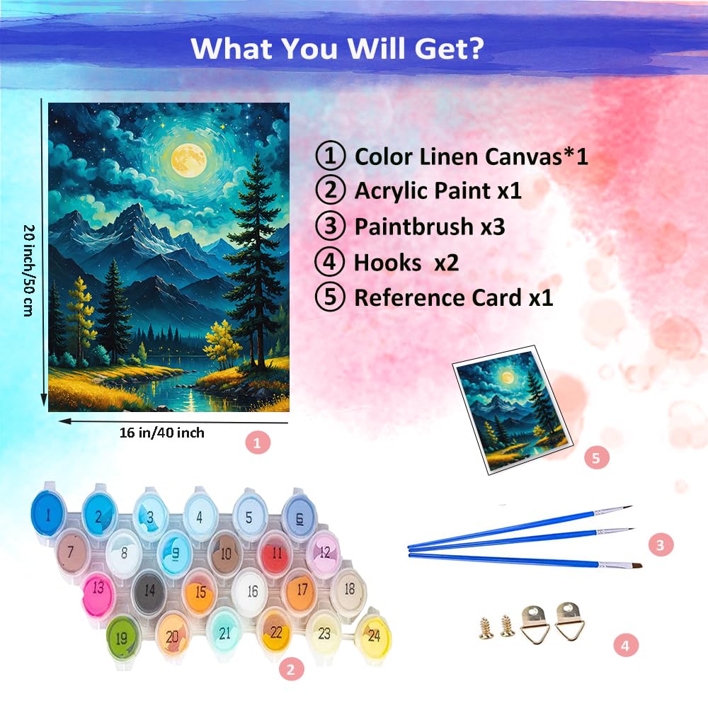 JUJUHOOD Moon Forest Paint by Numbers Kit for Adults,Landscape Adult Paint by Number Kits,DIY Acrylic Paint by Number on Canvas for Home Wall Decor 16X20 Inch JUJUHOOD