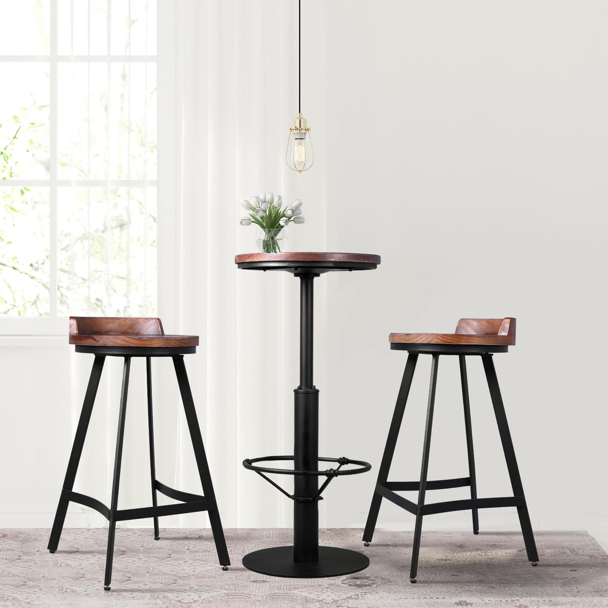 BOKKOLIK 42inch Industrial Style Farmhouse Bar Table, Round Wooden Top, Matte Black Metal Base BOKKOLIK