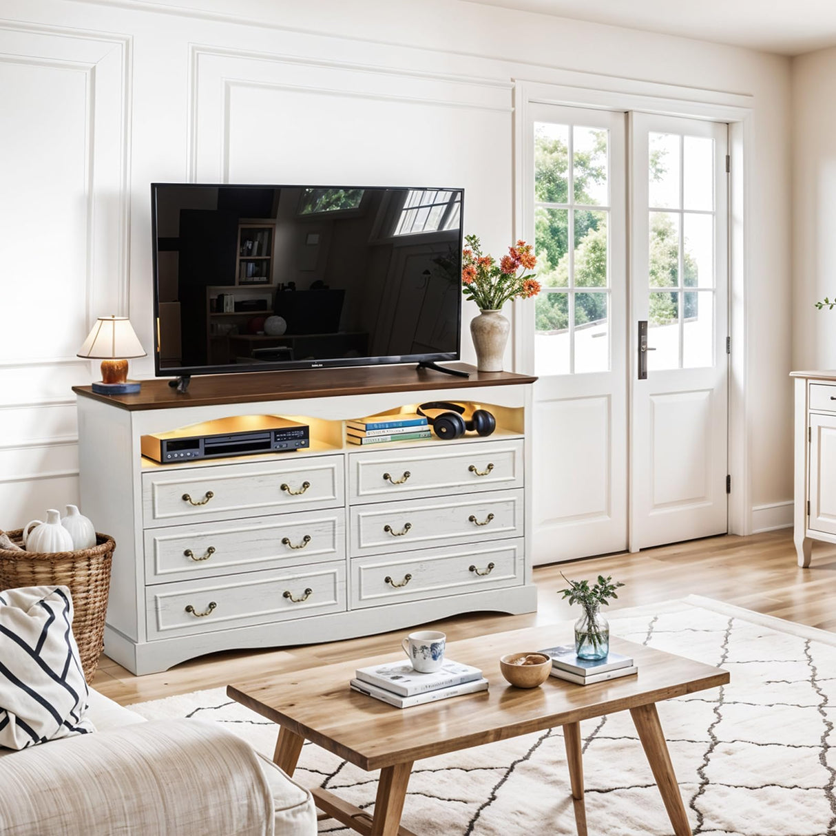 JanflyHome Vintage 6 Dresser for Bedroom, Farmhouse 6 Drawers Dresser with Open Shelves and LED Lights, 55" Wide Wood Rustic Chest of Drawers for Living Room, Hallway, Antique White JanflyHome