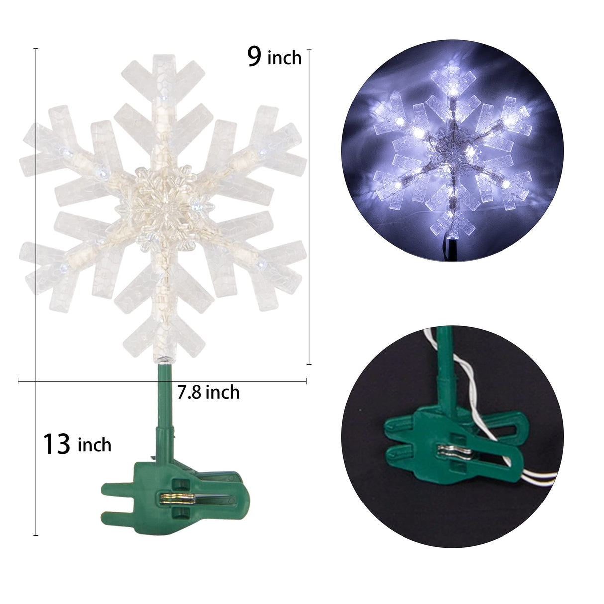 Dazzle Bright Snowflake Christmas Tree Topper, 9 inch Christmas Tree Topper Ornament with 15 White LED Lights, Lighted Tree Topper Christmas Decorations for Xmas Indoor Holiday Decor Dazzle Bright