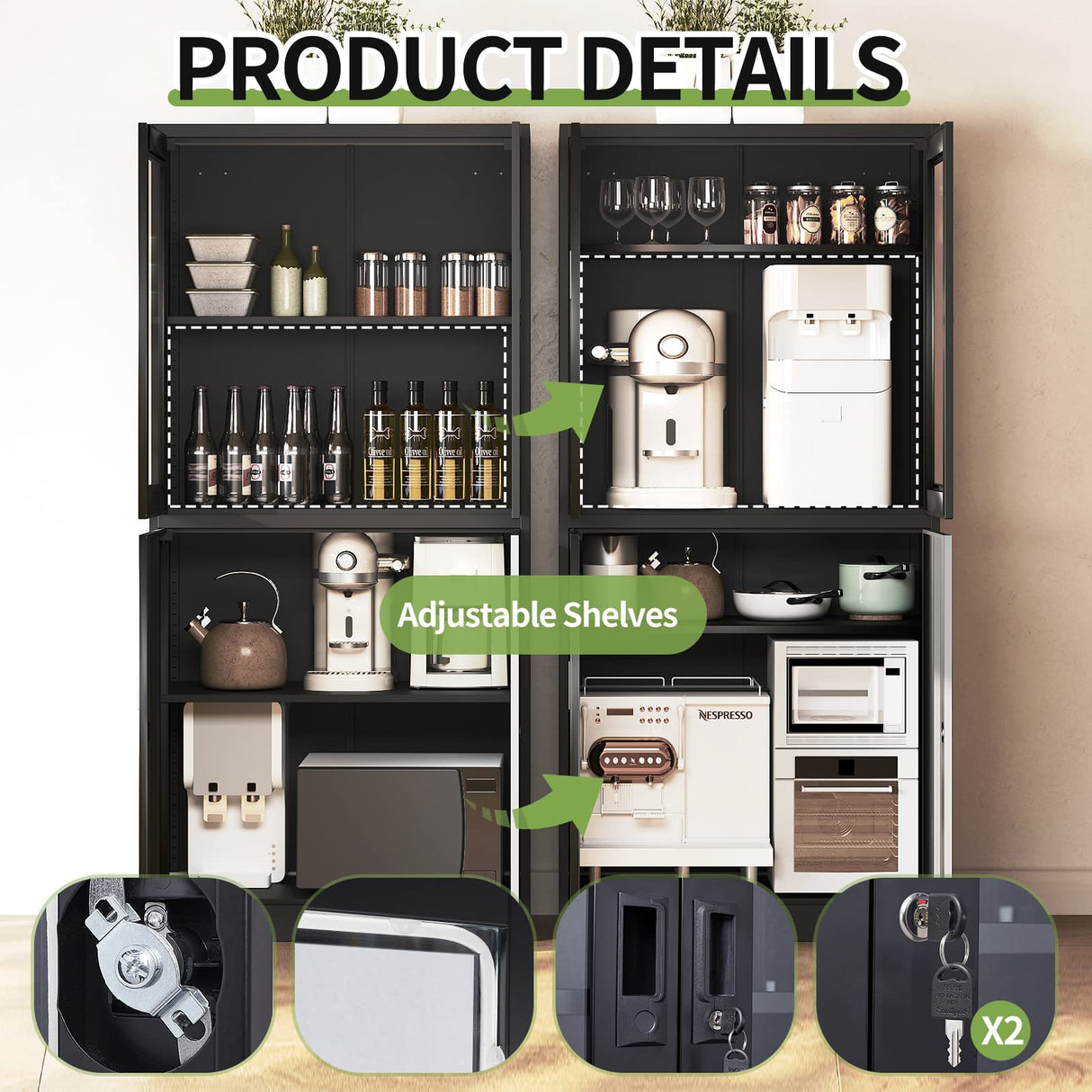 Yizosh Metal Storage Cabinet with Glass Doors - 71" Locking Display Cabinet with 2 Adjustable Shelves, 4-Tier Tall Steel Cabinet Locker for Kitchen, Living Room, Dining Room (Black) Yizosh