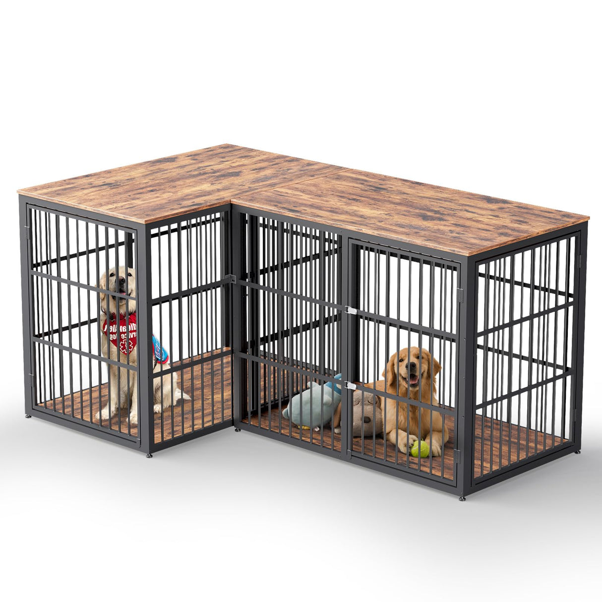 Lyromix 48'' L-Shaped Corner Dog Crate Furniture Large Breed with Double Rooms for 2 Dogs,Wooden Dog Crate End Table Indoor with Removable Divider for Medium to Large Dogs, Can Use Separately Lyromix