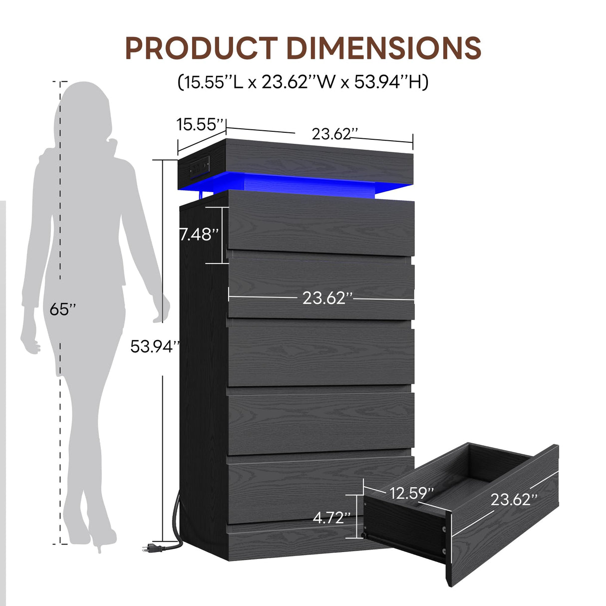 LIKIMIO 54" Tall 5 Drawer Dresser for Bedroom, Black Dresser with LED Light and Power Outlet, Wood Modern Chest of Drawers for Living Room, Entryway, Hallway LIKIMIO