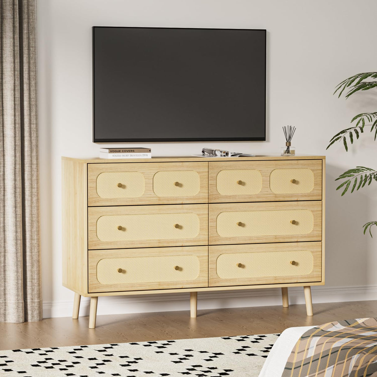 Wananlanen Rattan 6 Drawer Dresser for Bedroom, Wood Boho Double Chest of Drawers with Storage and Gold Handle, Modern Natural Rattan Dresser for Living Room, Kids Bedroom, Hallway, Entryway Wananlanen