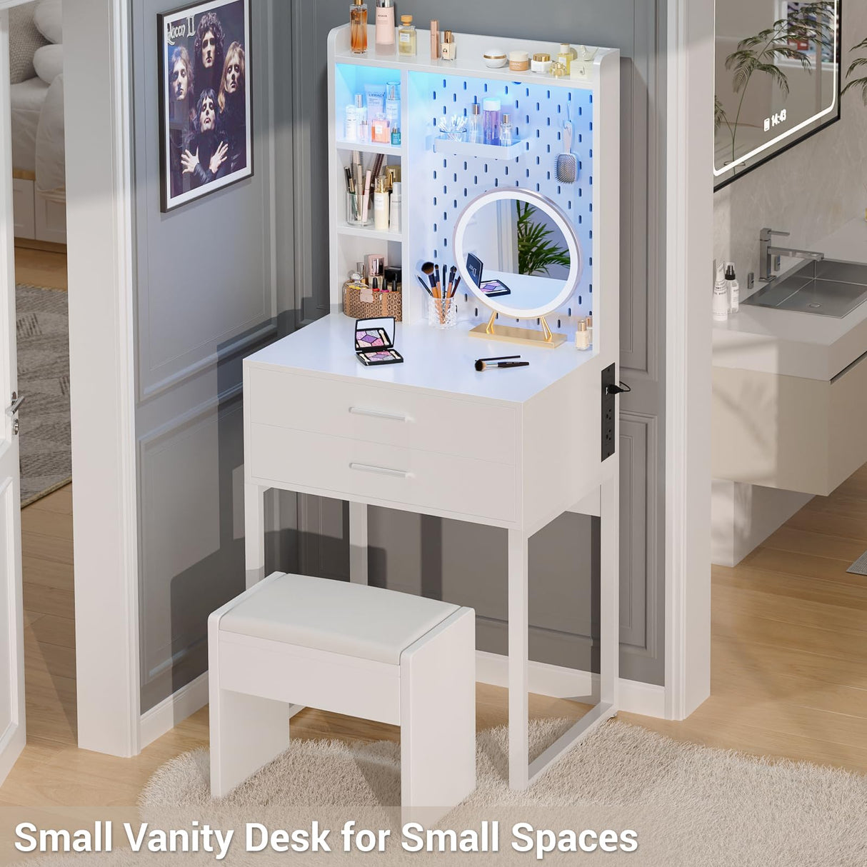 Besiost Small Vanity Desk with Hutch and Drawers, White Makeup Vanity Desk with Charging Station, Vanity Table Dressing Table with LED Lights, Vanity Desk No Mirror with Pegboard for Girls Women, 24" Besiost