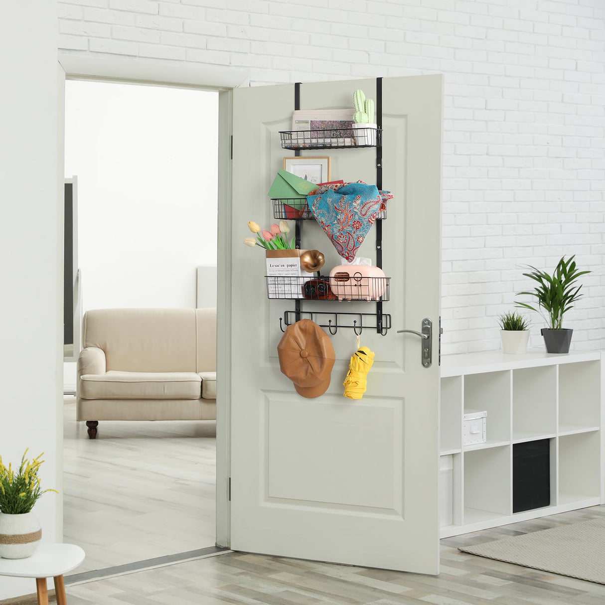 Over the Door Pantry Organizer 3 Tier Hanging Basket Back Door Storage Rack Shelf Metal Over the Door Shelves with 3 Baskets and 5 Hooks for Bathroom Kitchen Pantry Bedroom, Black ETELI