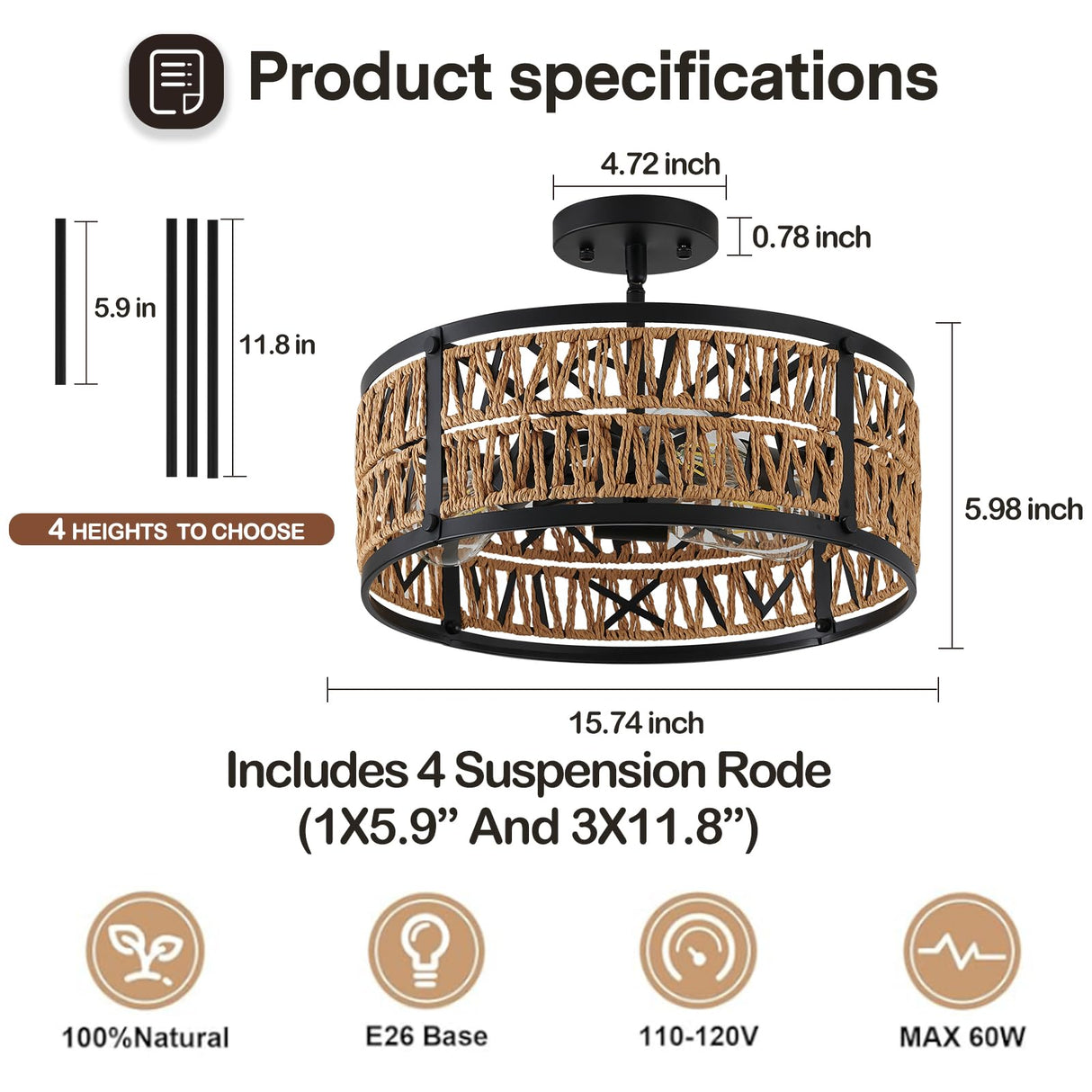 Bsyormak 3-Lights Rattan Boho Chandelier for Dining Room Drum Wicker Pendant Light Fixtures Hanging Woven Coastal Ceiling Light for Farmhouse Kitchen Island Living Room Bedroom Bsyormak