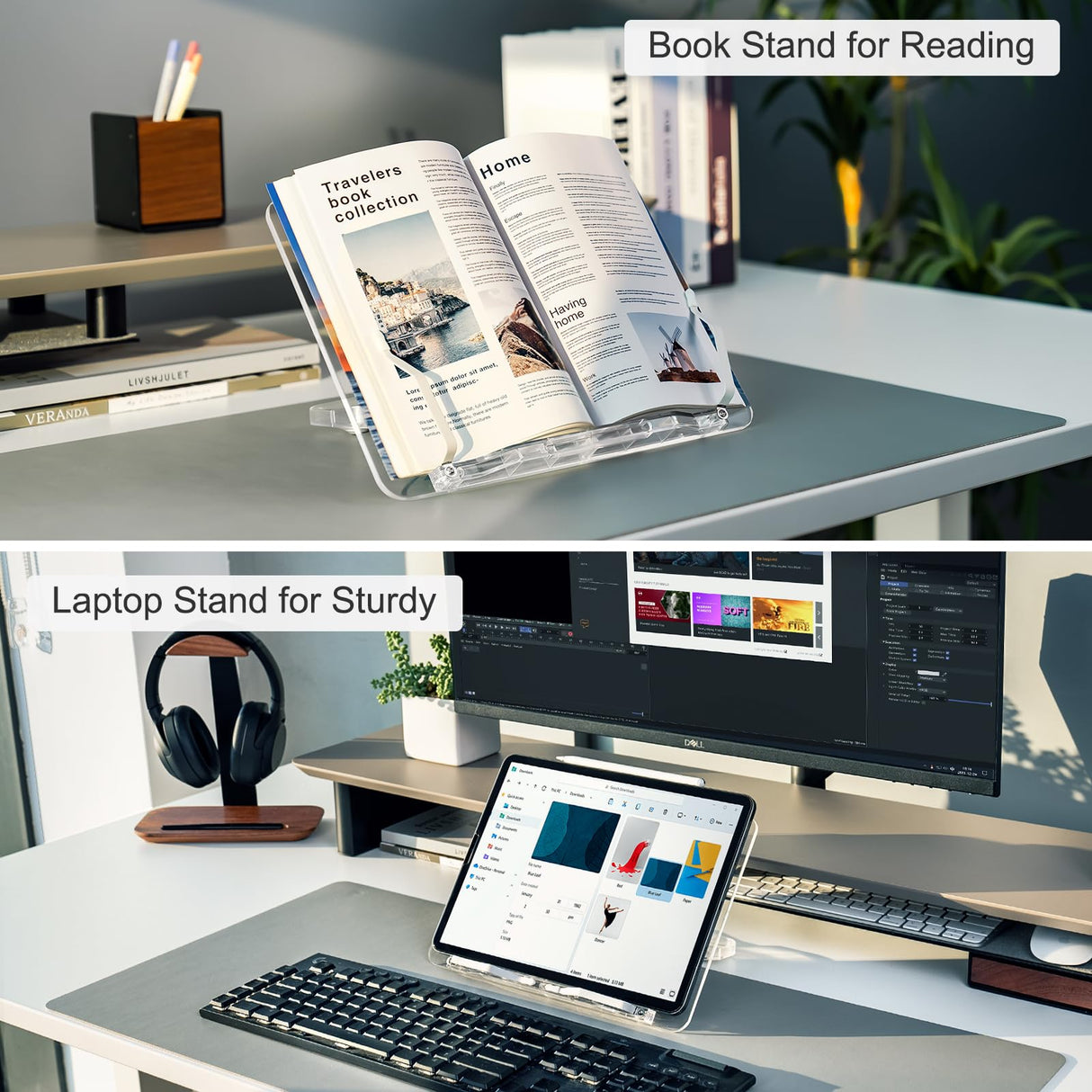 Acrylic Book Stand for Reading, Portable Book Holder for Desk, Angle Adjustable Textbook Stand for Document Recipe, Cookbook, Music Book UPERGO